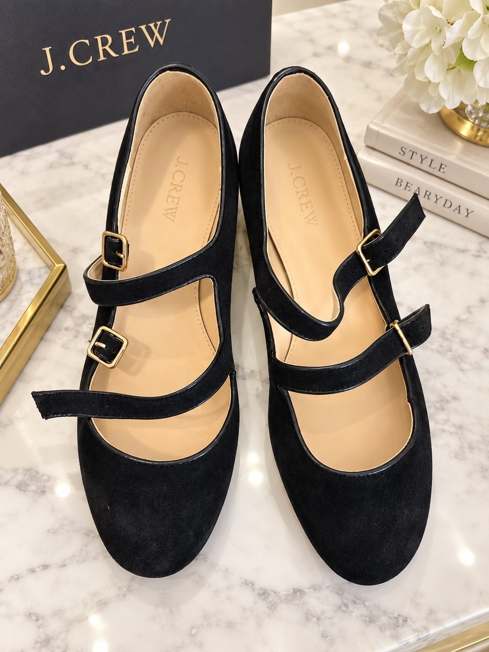 J. Crew Black Suede Double-Strap Mary Jane Flats